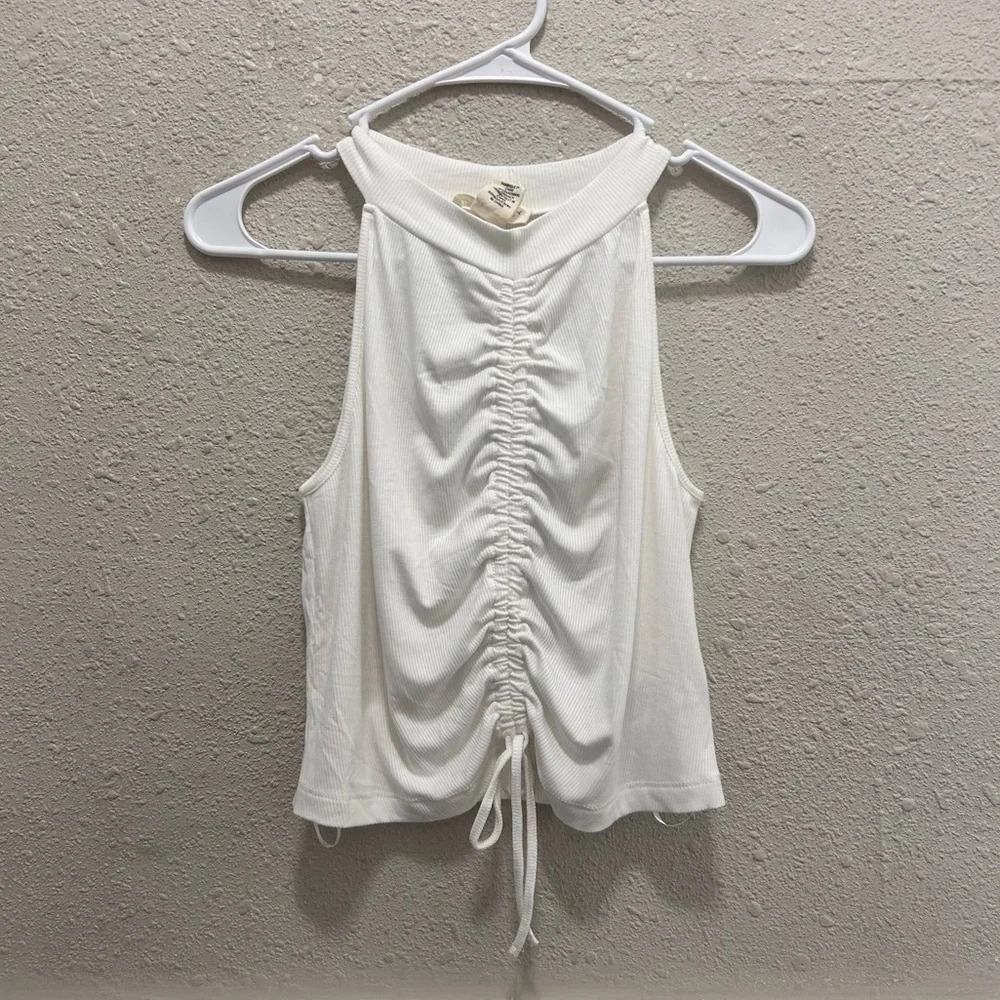 Happily Grey White High Neck Ribbed Ruched Sleeveless Crop Top Large